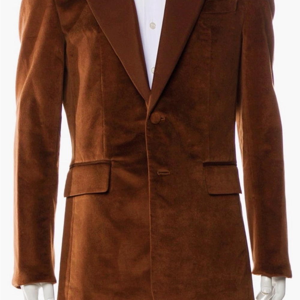 AMIRI SINGLE-BREASTED TOBACCO VELVET & SILK PEAK LAPEL BLAZER